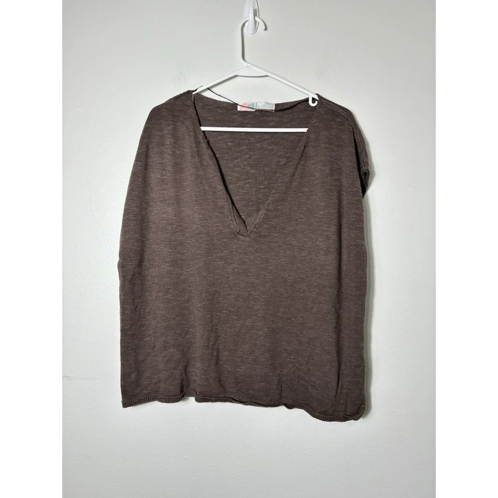 Free People Beach V Neck Boxy Oversized Top Sz M Brown Slouchy Coastal